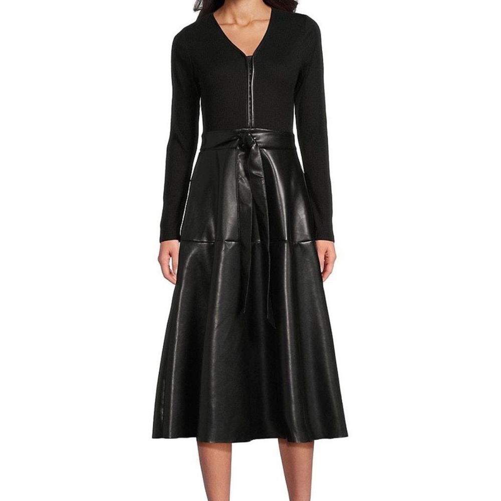 Chic Black mixed media Dress with Faux Leather Skirt